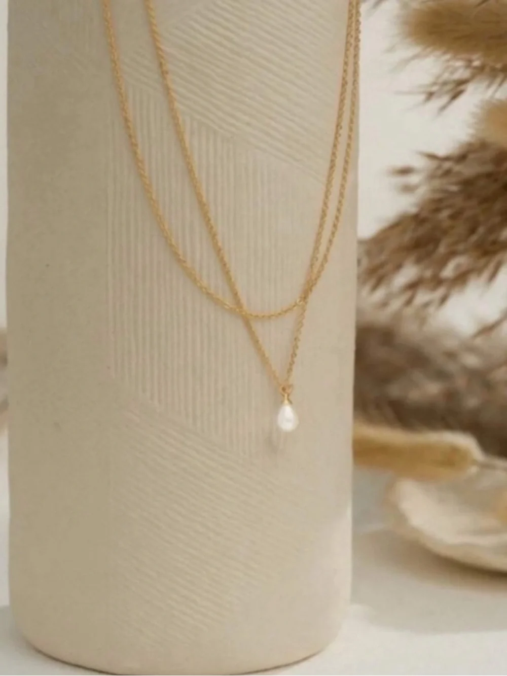 Gold Plated Stainless Steel Layered Faux Pearl Pendant Necklace